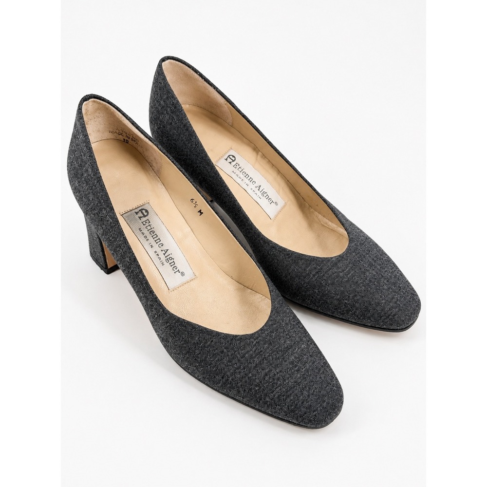 Vintage Etienne Aigner Gray Fabric Pumps Made in Spain Leather Sole Women's 6.5M